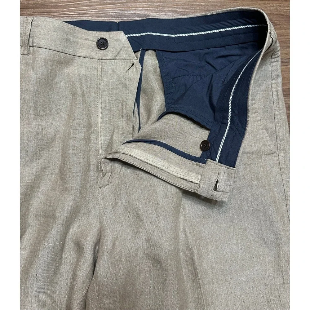 ORVIS Wide Leg Men's Pleated 100% Linen Cuffed Dress Pants Tan/Brown Sz 38x26